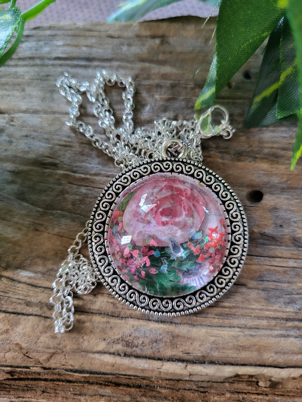 Silver Toned  Necklace with Pink Floral Under Glass Dome